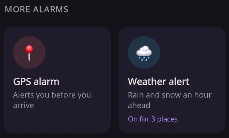 The GPS alarm and weather alert tiles at the bottom of the Home screen