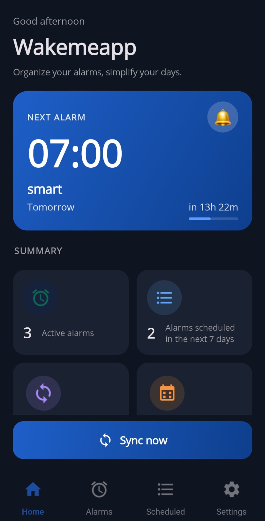 Wakemeapp Home screen with the next alarm