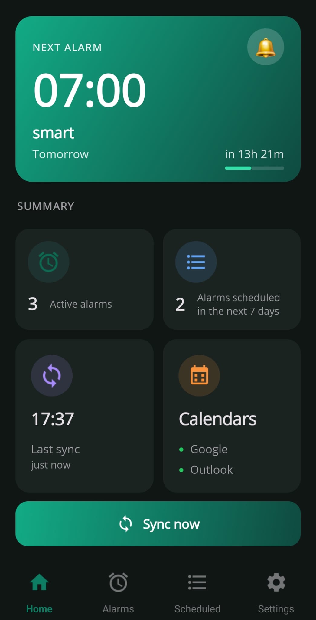 Home screen with summary and connected calendars