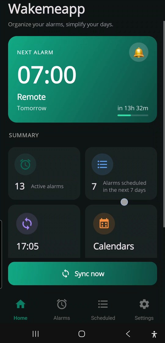 Wakemeapp Home screen with the next alarm