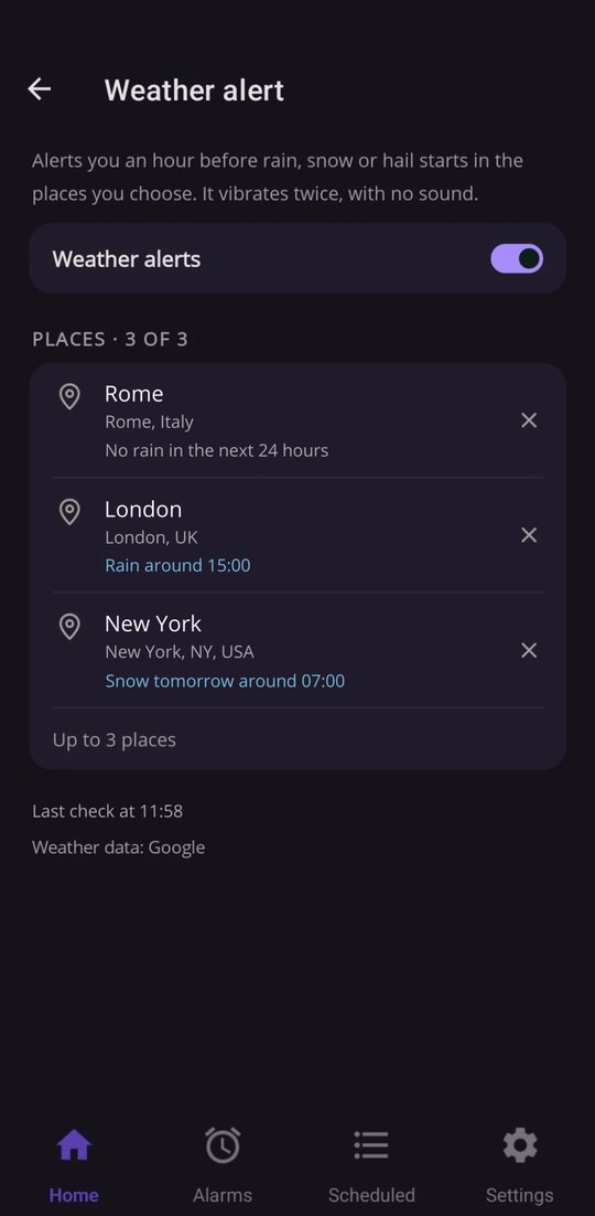 Weather alert with three places: Rome, London and New York