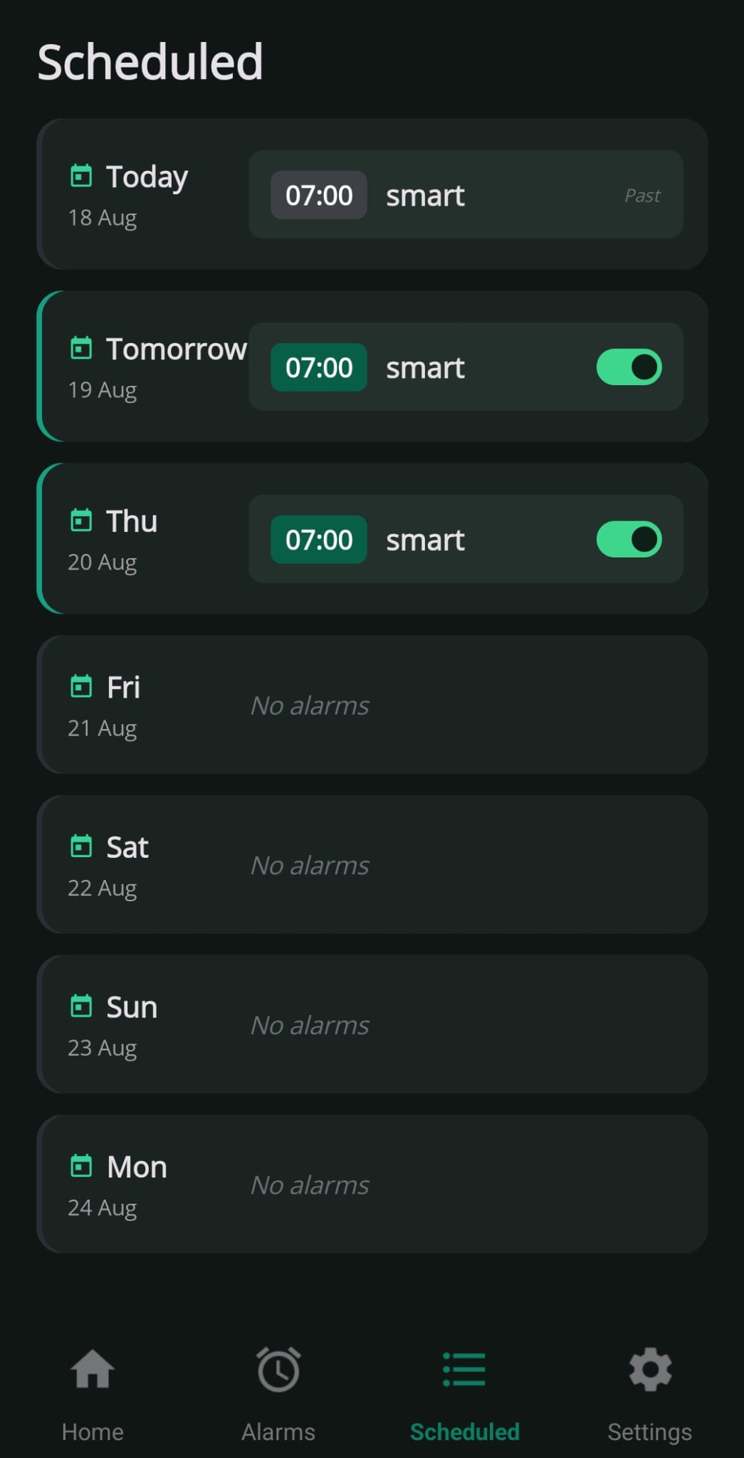 Scheduled view of the next 7 days