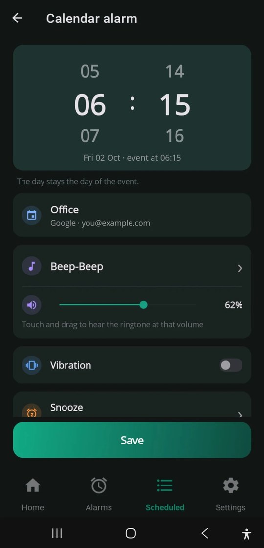 A calendar alarm opened in the editor