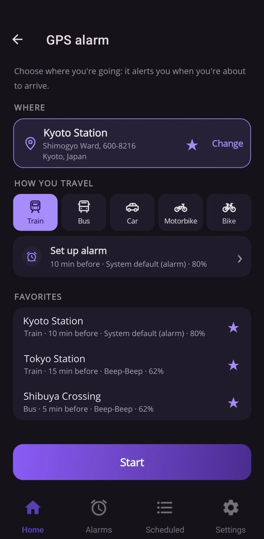GPS alarm: Kyoto Station as the destination, by train, 10 minutes before