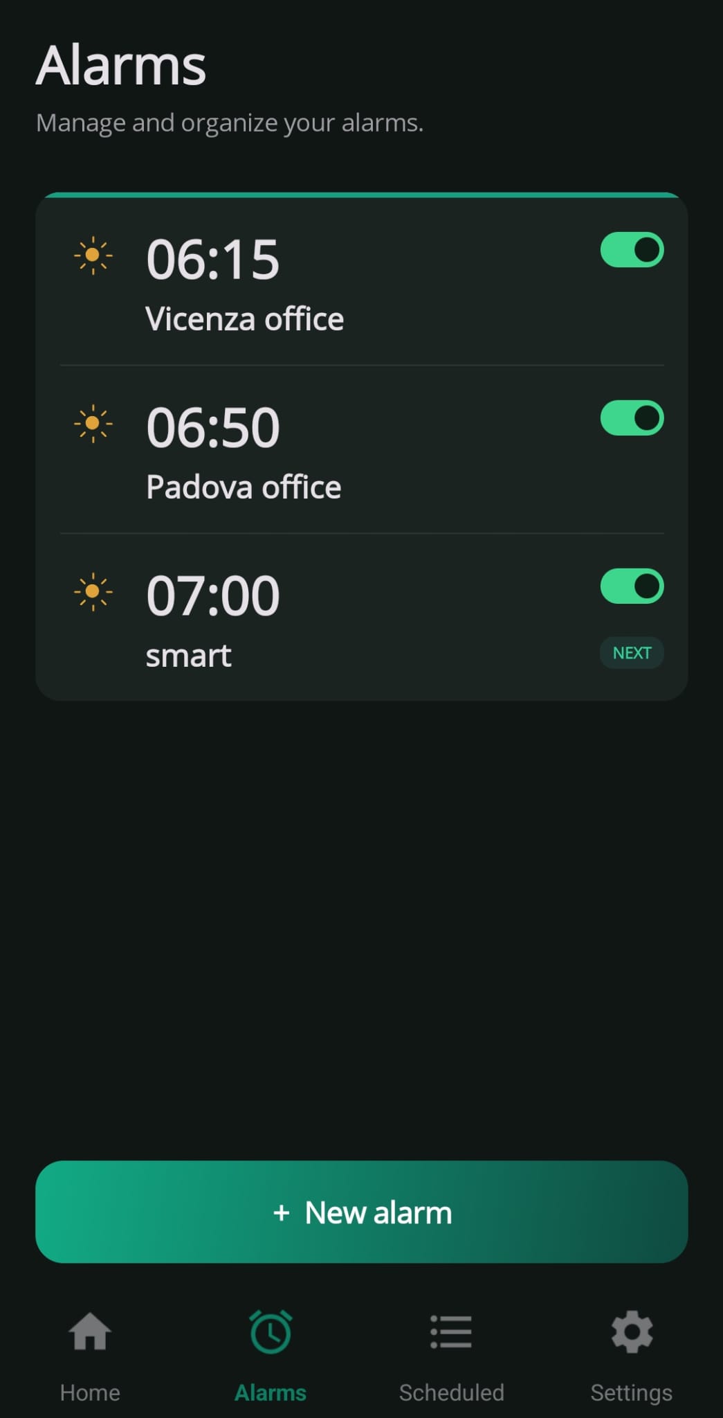 List of your alarms
